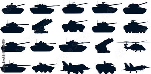 A collection of black military vehicle silhouettes including tanks, helicopters, jet fighters, and missile launchers. Perfect for army, defense, and warfare design projects.