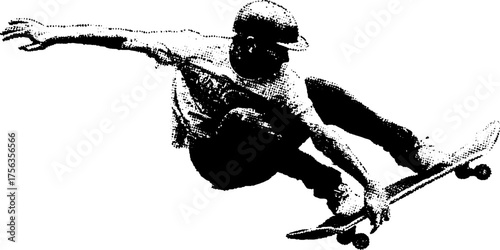 Dynamic black and white skateboard silhouette design for posters and apparel