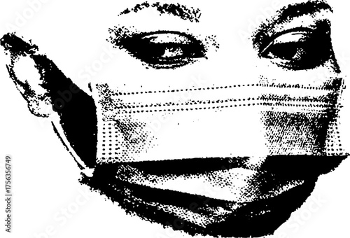 Black and white high contrast portrait of person wearing surgical mask