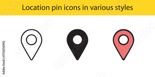 Location pin icons in various styles for maps and apps