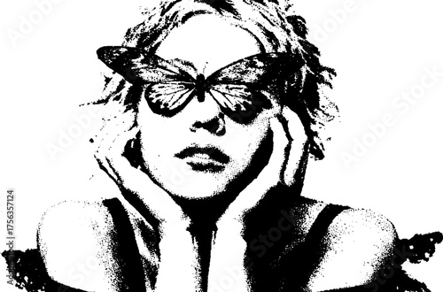 Surreal black and white woman portrait with butterfly mask design for grunge and punk art projects
