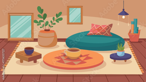 A cozy corner with floor cushions a woven rug and a small wooden tea table