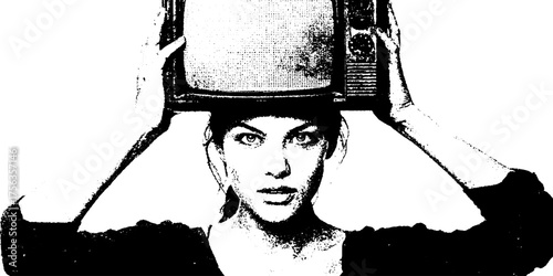 Retro high contrast art of woman holding vintage television