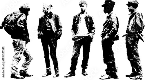 Black and white high contrast illustration of punk youth in woven fabric texture