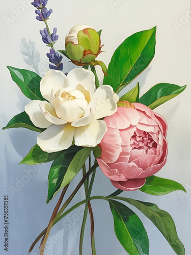 Elegant bouquet of white gardenia and pink peony flowers with lavender sprigs