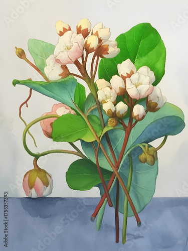 Delicate white flower blossoms and green leaves in a softly lit arrangement