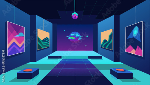 A digital art installation with changing images projected on the walls and floor.