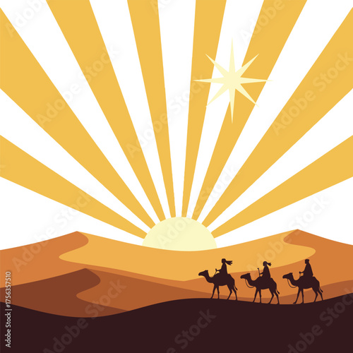 Three Wise Men traveling by camel across desert dunes at dawn, guided by the bright Star of Bethlehem, representing the religious Christian journey to the Nativity and Epiphany