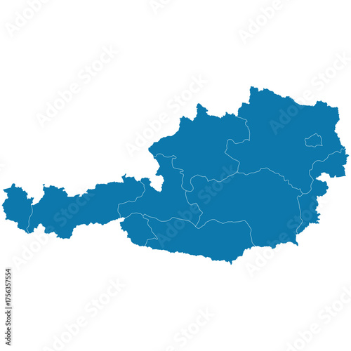 Editable detailed vector silhouette of the country of Austria, including the boundaries of its nine states.