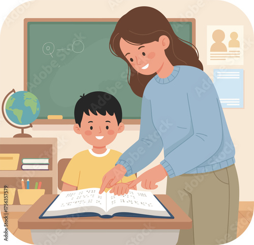 Teacher helping a visually impaired student read Braille book at a school desk, promoting inclusive education, accessibility, learning support, and special needs classroom.