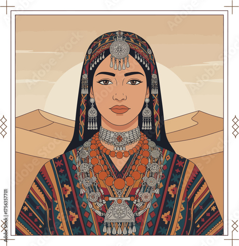 Portrait of a North African Berber or Tuareg woman adorned in traditional ethnic jewelry and richly patterned clothing, standing against desert dunes, symbolizing culture and heritage.