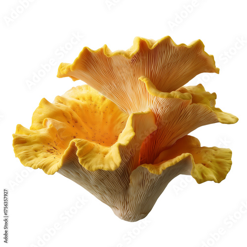 Realistic studio macro photo of Laetiporus sulphureus mushroom, also known as sulphur shelf or chicken of the woods, with vivid yellow orange layers isolated on transparent background in high detail