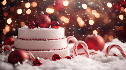 Cylindrical tiered display featuring red holiday baubles, candy canes on snow-covered platform with blurred festive lighting and snowflakes drifting softly