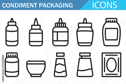 Vector Icons of Condiment Packaging - Line Art Symbols of Jars and Bottles for Sauces