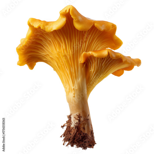 Close-up macro photo of Cantharellus cibarius, known as chanterelle, with realistic texture and structure on transparent background. Captured with Canon RF 50mm for botanical and culinary uses