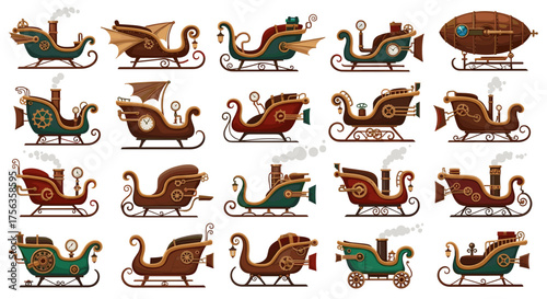 Vector art of collection of steampunk sleighs with intricate designs and steam elements