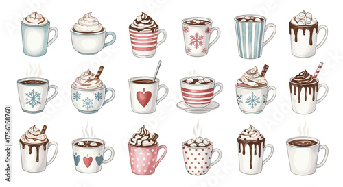 Vector art of collection of hot chocolate mugs with whipped cream and toppings