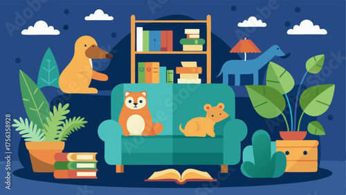 A cozy reading corner with books about animals and conservation for visitors to relax and learn.
