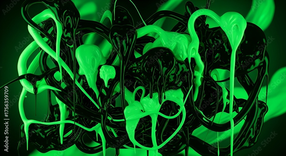 Obraz premium Vibrant neon green and black glossy paint drips create a dynamic modern abstract design perfect for a bold and edgy background or texture