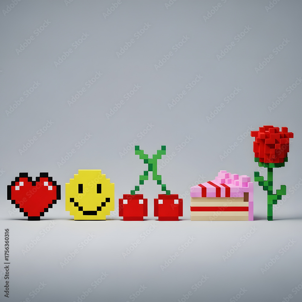 Fototapeta premium Pixelated heart smiley face cherries cake and rose in a playful nostalgic arrangement