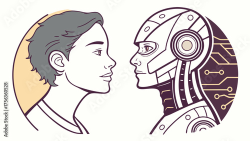 Cyborg Human Portrait – Vector Concept of Man and Machine Integration in Modern Technology Age