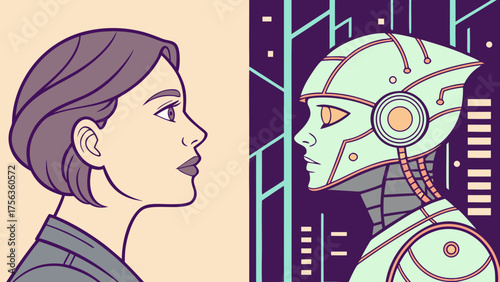 Cyborg Human Portrait – Vector Concept of Man and Machine Integration in Technology Age