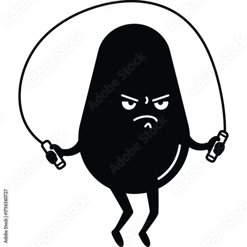 Cartoon character skipping rope with an angry expression black and white illustration exercise fitness sport