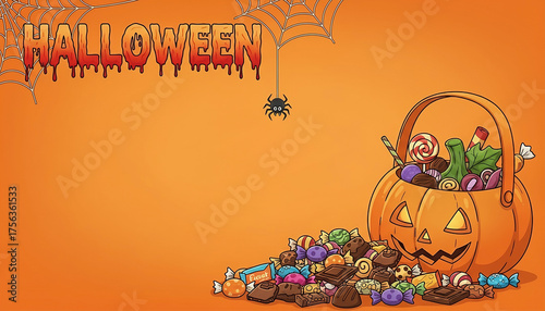 Halloween Background Template with Dripping Blood Text, Spider Web, and Pumpkin Candy Basket