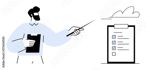 Man holding clipboard and pointing at a checklist on a board with several marked tasks. Ideal for project planning, task management, workplace organization, strategy sessions, education