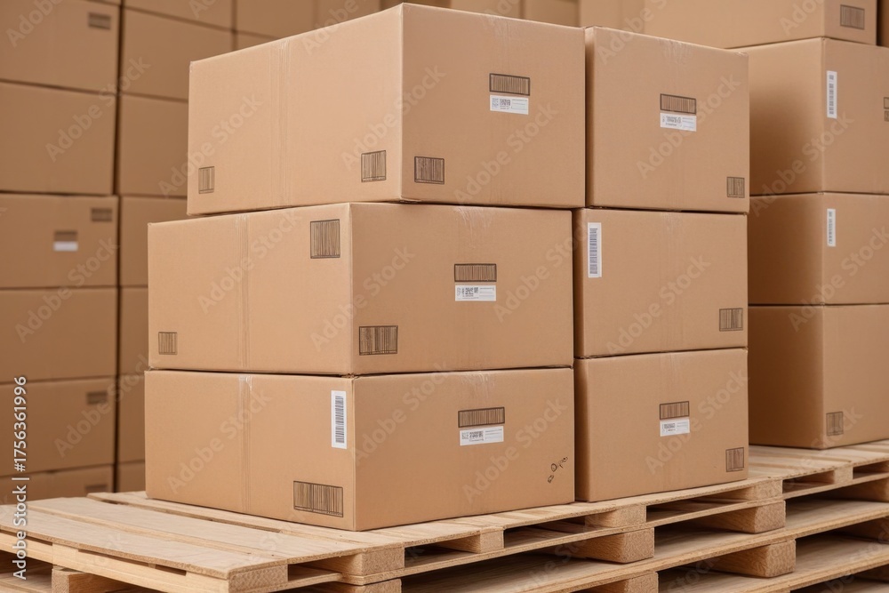 Stapel von Kartons auf Paletten in einem Lager Stapel von Kartons auf Paletten in einem Lager