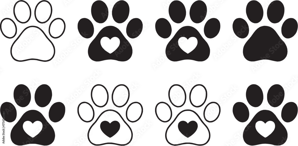 Fototapeta premium Paw print glyph icon set – includes animal footprints, pet paws, and dog cat symbols. Solid black vector illustration.