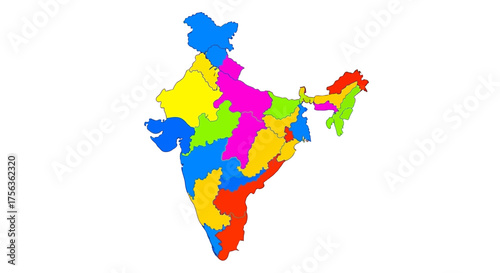 Vibrant political map of India with colorful regions perfect for geography lessons, travel guides, and educational materials, capturing India's diverse landscape