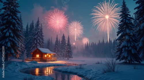 Winter Cabin nestled in Snowy Forest with Fireworks on Celebration Night