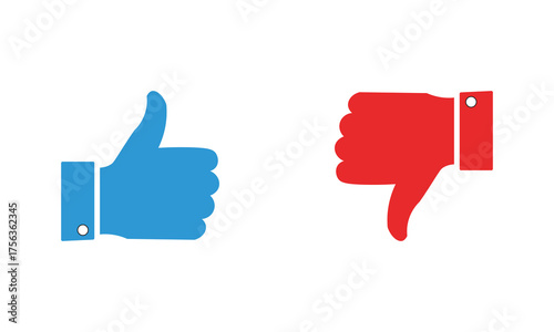 Minimalist thumbs up and thumbs down icons side by side in blue and red showing approval and disapproval in clean vector illustration