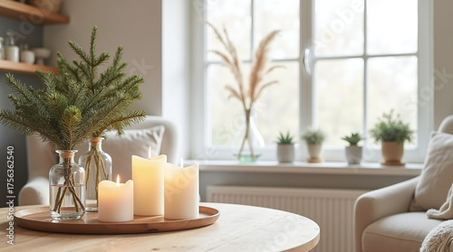 Three Candles Burning Beside Pine Branches on a Tray in a Warm Interior