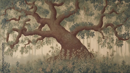 Enchanting woodland tapestry featuring a majestic oak tree with lush foliage, ideal for adding a touch of nature and timeless elegance to any space