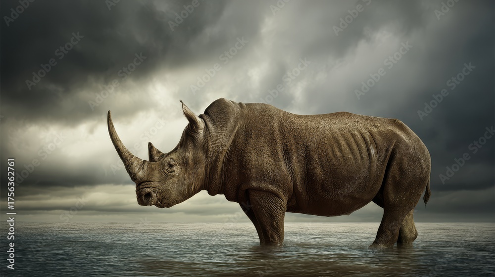 Fototapeta premium Rhinoceros standing in muddy water under dramatic sky, powerful wildlife conservation concept symbolizing strength, survival, and endangered species protection.