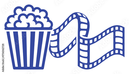 Blue Popcorn Bucket and Film Reel Icon for Cinema and Entertainment