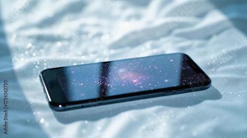 Smartphone displaying galaxy on soft bed sheet background  
