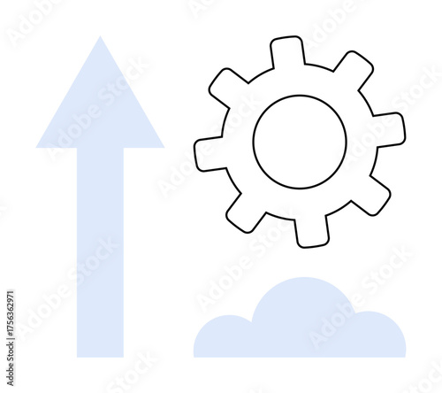 Gear above a simple cloud and upward arrow representing progress, development, and innovation. Ideal for technology, growth, success, improvement, planning, strategy and minimalistic metaphors