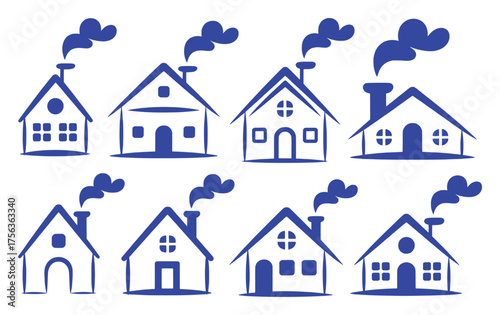 Collection of Blue House Icons with Smoke Coming from Chimneys