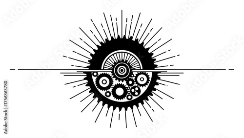 Art Deco Sunburst with Gears, 1920s Industrial Elegance, Minimalist Vector Design