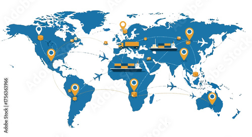 Global Logistics and Transportation Network World Map with Pinpoints and Airplane Trails
