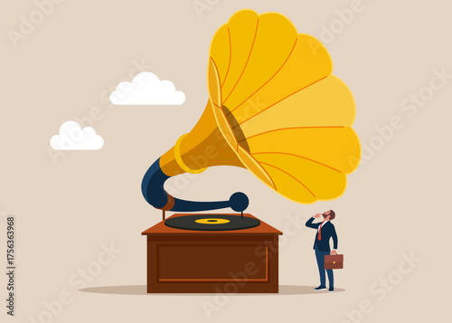 Businessman listens to classical music gramophone with vinyl player. Vector flat illustration