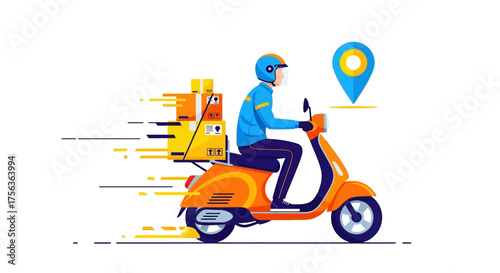 Express delivery service illustration featuring a dynamic courier on a scooter transporting packages with a prominent location pin, symbolizing efficient logistics and e-commerce shipment