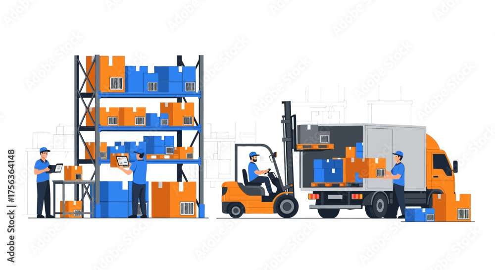 Fototapeta premium Efficient Warehouse Logistics Operations Illustration with Workers and Forklift Loading Delivery Truck, Demonstrating Modern Supply Chain Management and E-commerce Fulfillment Processes