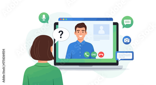 Concept of online communication with a woman asking a question during a video conference call on a laptop for remote work or learning