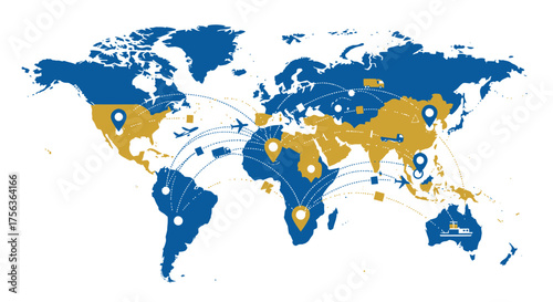 Global network and connections illustrated on a world map with flight paths and destination markers