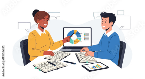 Business analytics team meeting to review company performance with charts and diagrams for a strategic presentation