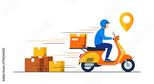 Express delivery service concept. Courier on scooter transports packages with speed lines, location pin, and shipping boxes. Fast online order fulfillment